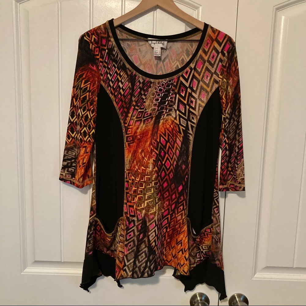 Joseph Ribkoff Scoop Neck Pullover Tinic with Pockets, Boho Animal Print, SZ-M